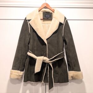 WILSONS LEATHER Womens Olive Green Suede Belted Coat Faux Shearling Lined Jacket